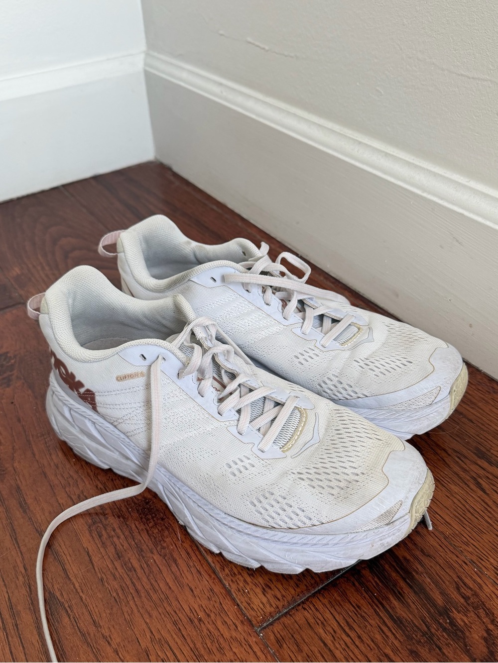 Hoka One One Women's White with Brown Accent Athletic Running Shoes